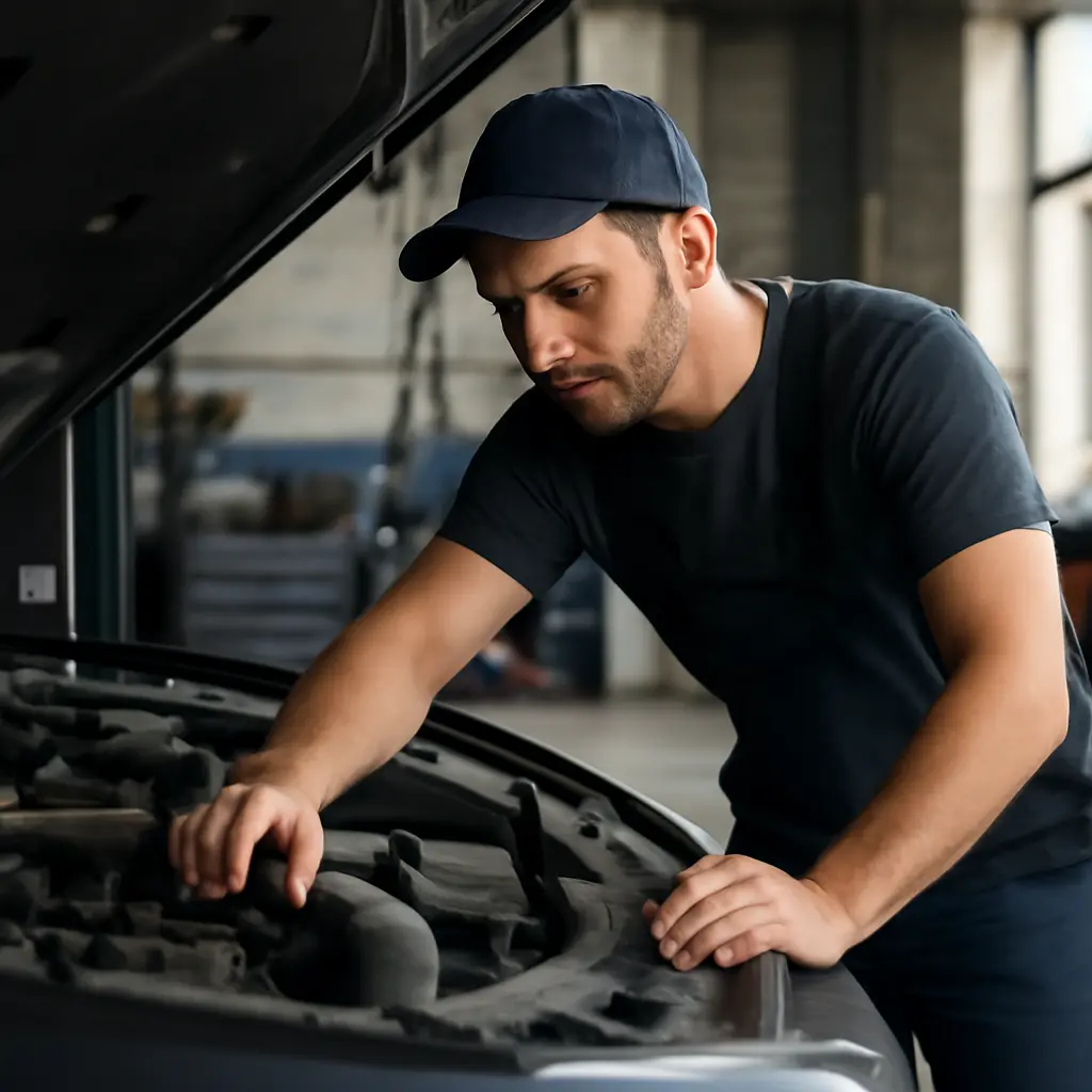 Механик осматривает автомобиль под капотом для техосмотра