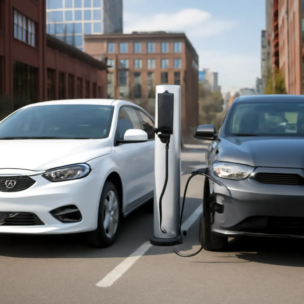 Сравнение бензинового автомобиля и электромобиля стоящих рядом