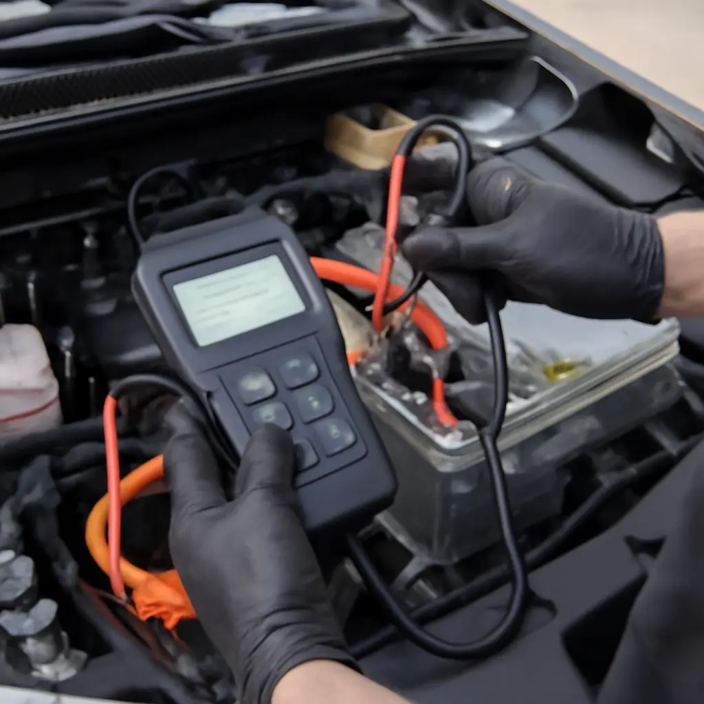 Диагностика гибридной батареи Техник проверяет гибридную батарею с диагностическим оборудованием