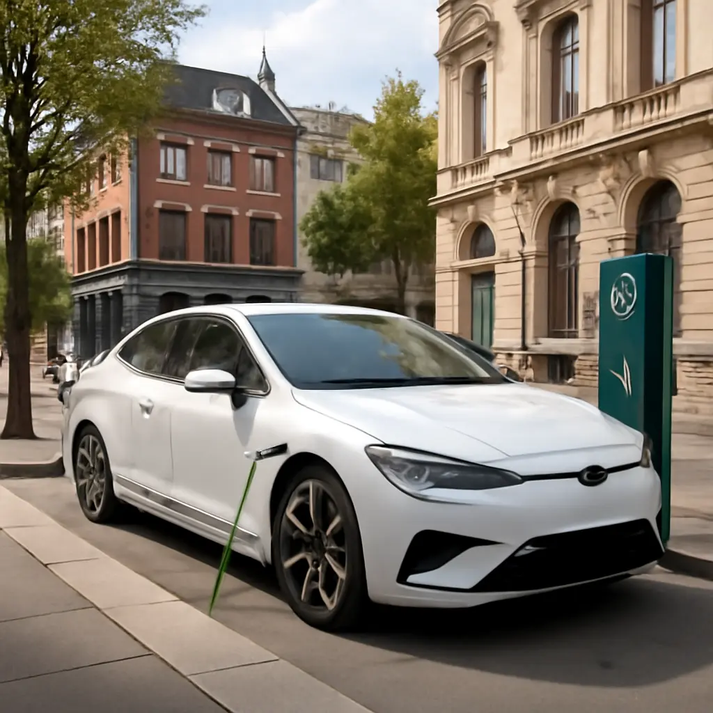 Электромобиль на городской улице рядом с зарядной станцией