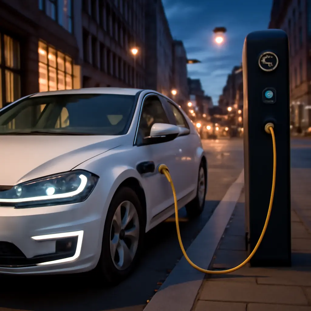 Электромобиль подключён к зарядной станции в городе