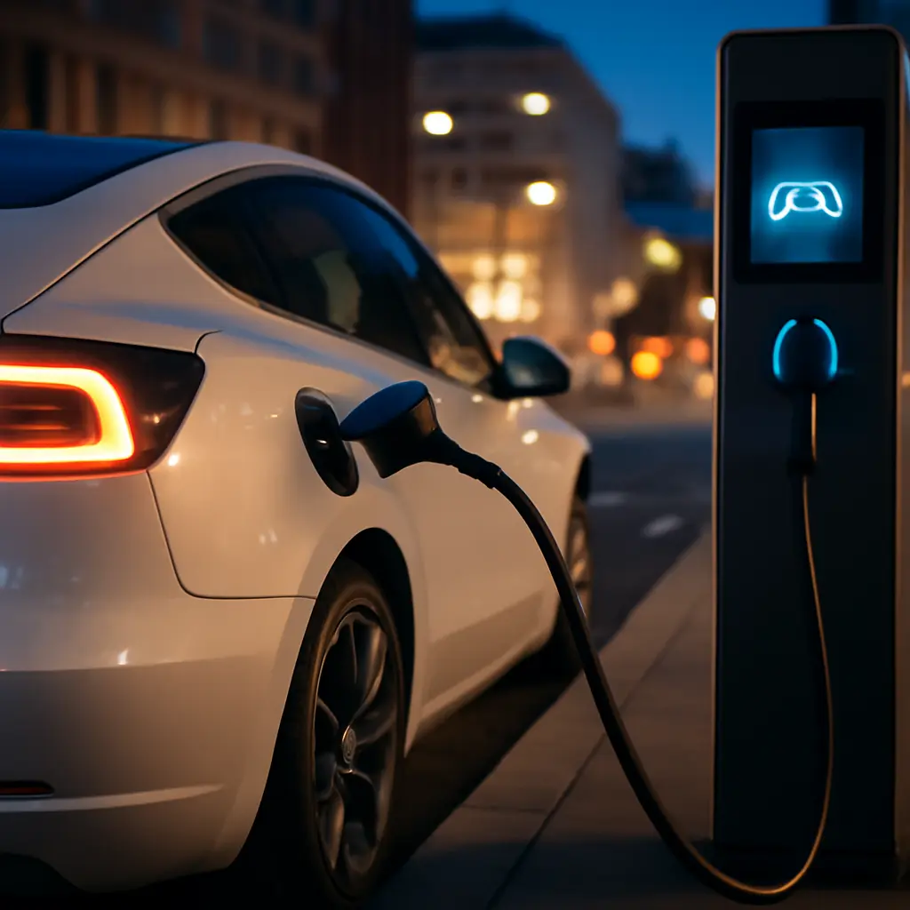 Электромобиль на зарядке Электромобиль подключён к зарядной станции в городе