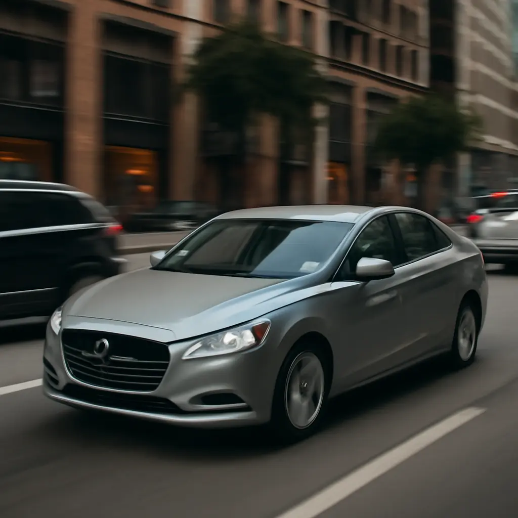 Городская езда на турбоавтомобиле Современный автомобиль с турбодвигателем спокойно едет по городской улице