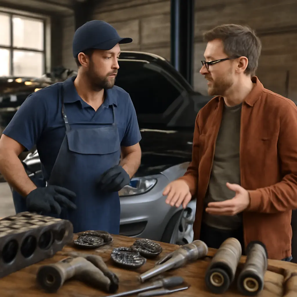 Механик и владелец автомобиля Механик показывает детали автомобиля владельцу