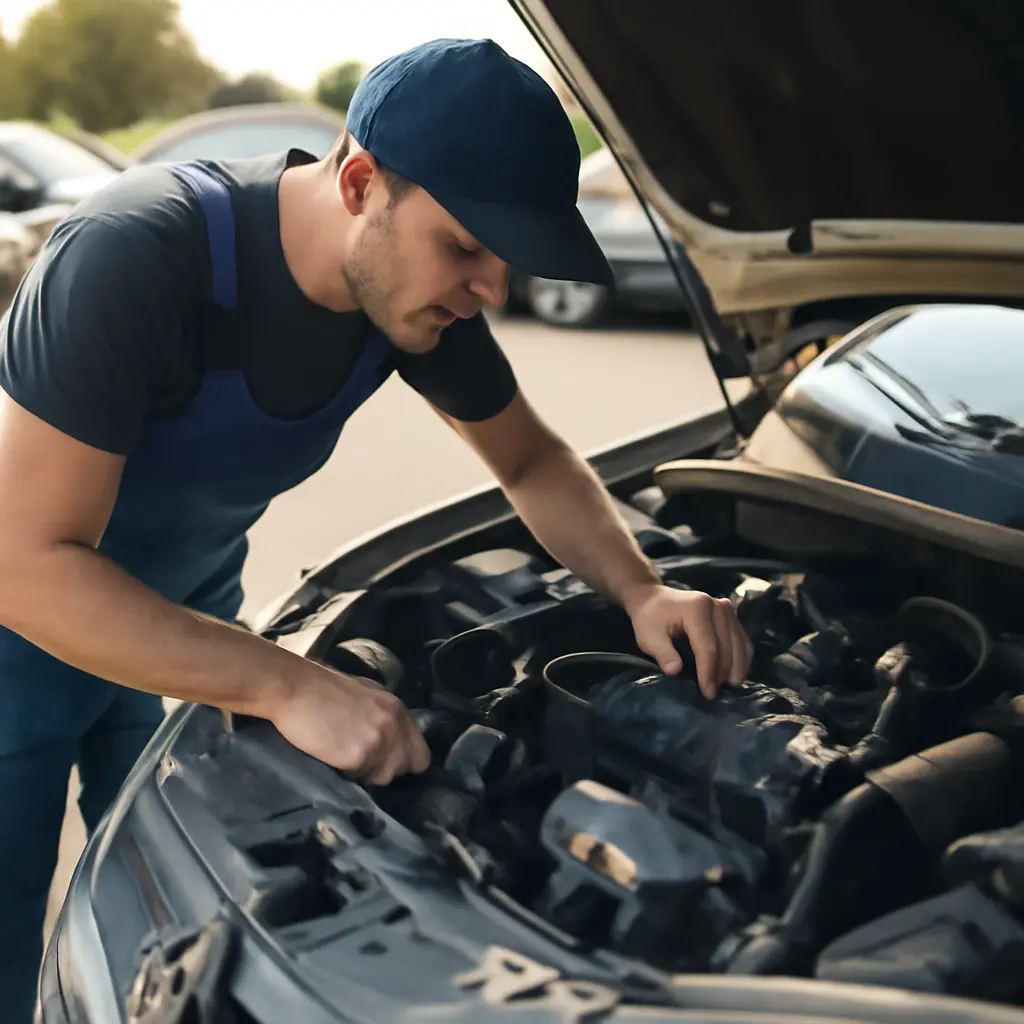 Эксперт осматривает б/у автомобиль перед покупкой
