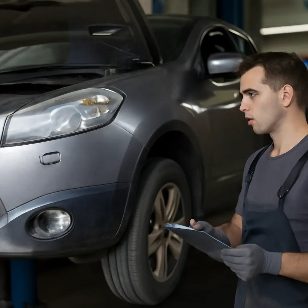 Механик проверяет подержанный кроссовер перед покупкой