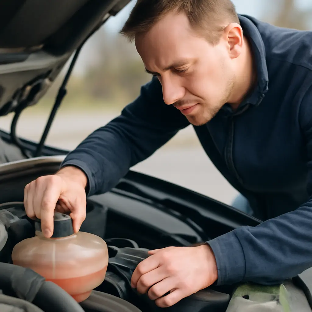 Автовладелец проверяет уровень антифриза в расширительном бачке