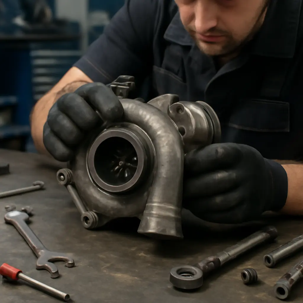 Ремонт автомобильной турбины Механик осматривает снятую турбину двигателя в автосервисе