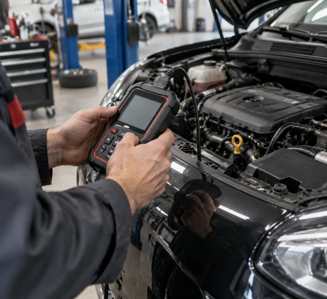 Отражение рук мастера с диагностическим сканером OBD-II на фоне открытого капота подержанного автомобиля в сервисном боксе