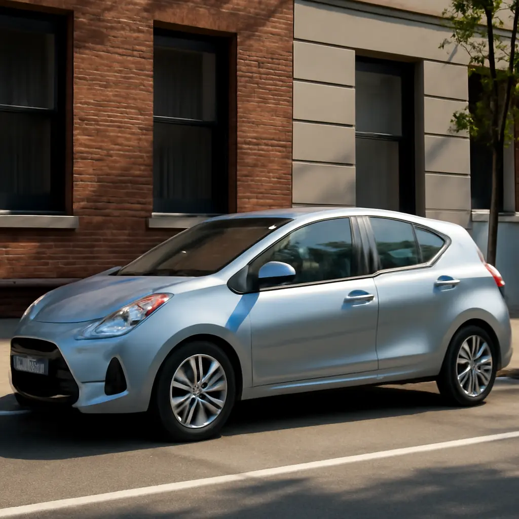 Современный гибрид в городе Современный гибрид на городской улице, вид сбоку