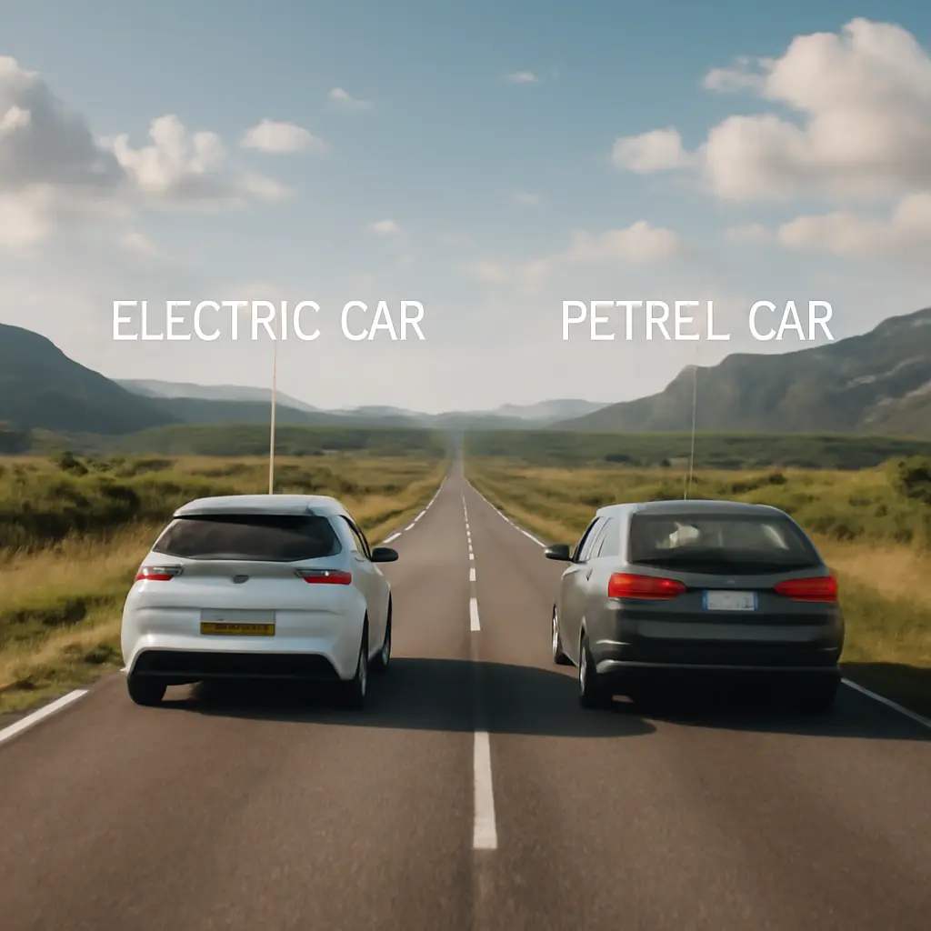 Сравнение дальности Электромобиль и бензиновая машина на фоне дороги, символика дальности