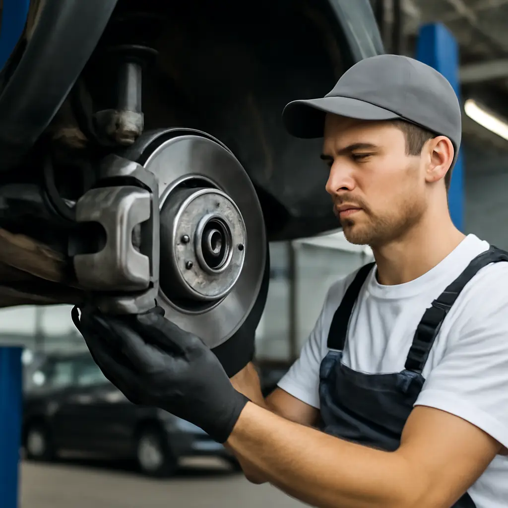 Инженер проверяет тормозную систему автомобиля на подъемнике