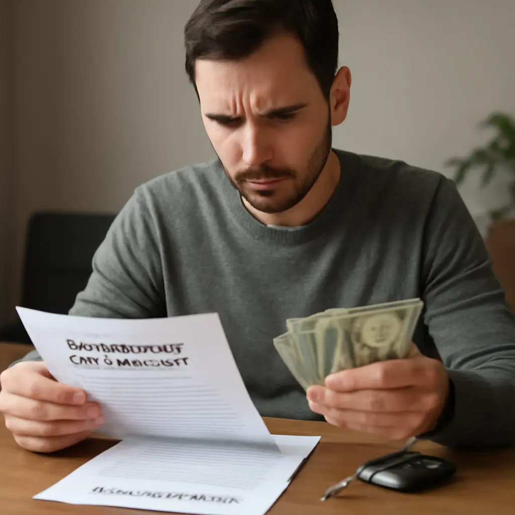 Выбор автомобиля и деньги Человек рассматривает документы и деньги перед покупкой автомобиля