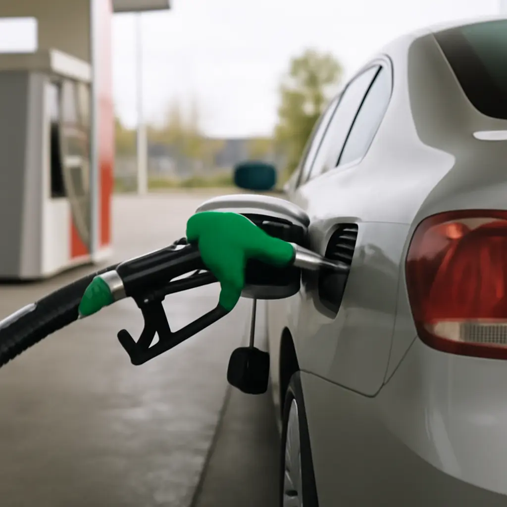 Автомобиль на заправочной станции, топливо льётся в бак