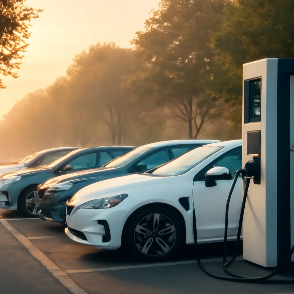 Несколько электромобилей ожидают зарядки у общественной станции